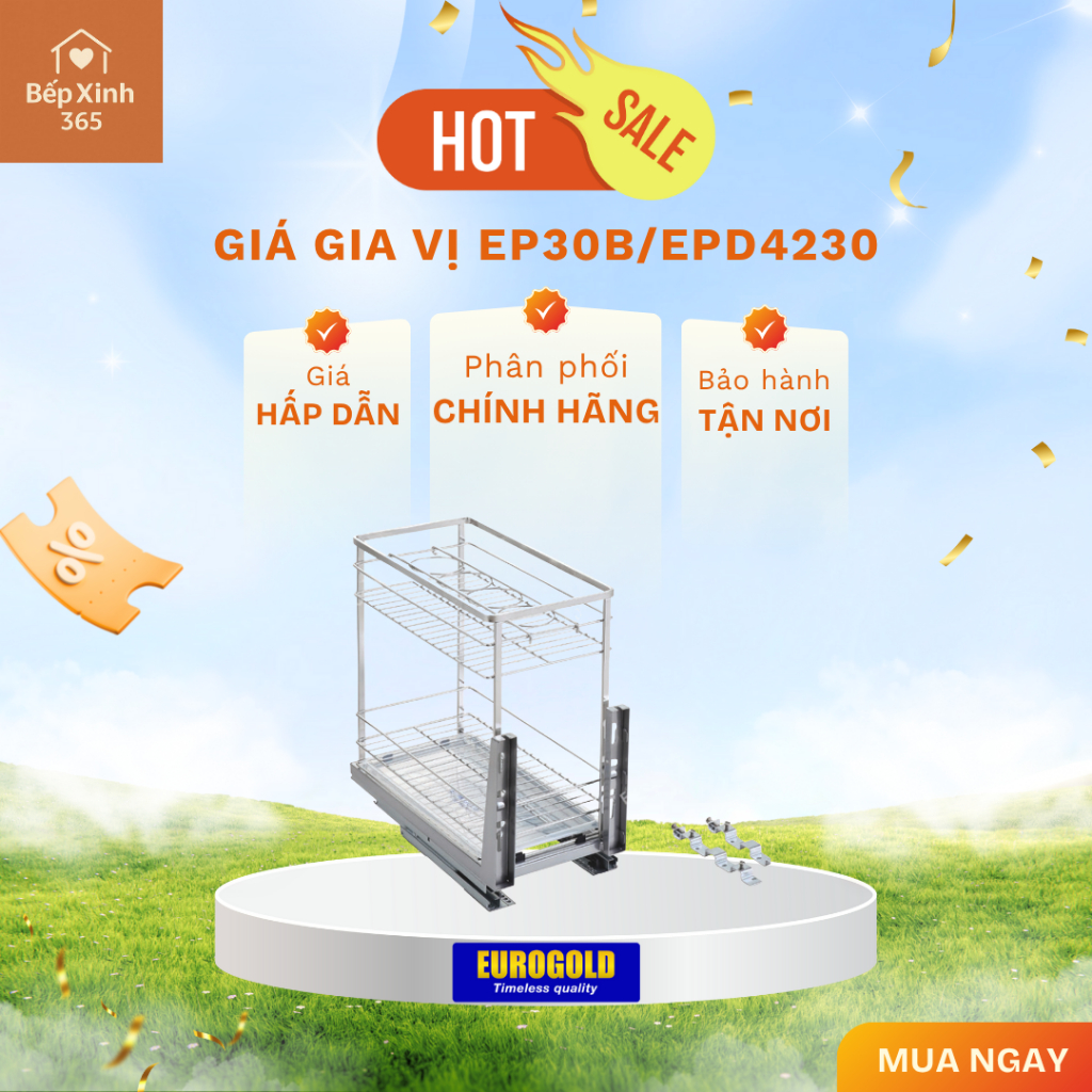 Giá Gia Vị Inox 304 Eurogold EP30B/EPD4230 – Kệ Gia Vị Đa Năng, Ray Giảm Chấn, Bề Mặt Xước Mờ