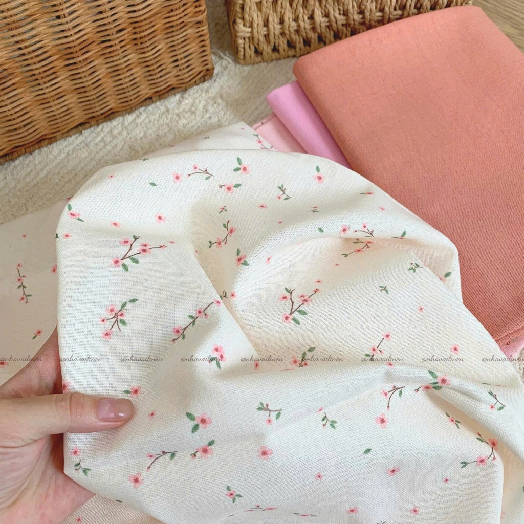 Vải Linen Bột HNB NHÀ VẢI LINEN Hoạ Tiết CÀNH ĐÀO HỒNG Mềm Mại Độ Dày Vừa Đủ Chất Liệu An Toàn Cho D