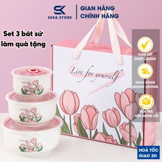 [TẶNG KÈM HỘP] Combo Set 3 Bát Sứ Hoa Tulip Có Nắp Hút Chân Không, Tô Sứ Cao Cấp Nhiều Hình