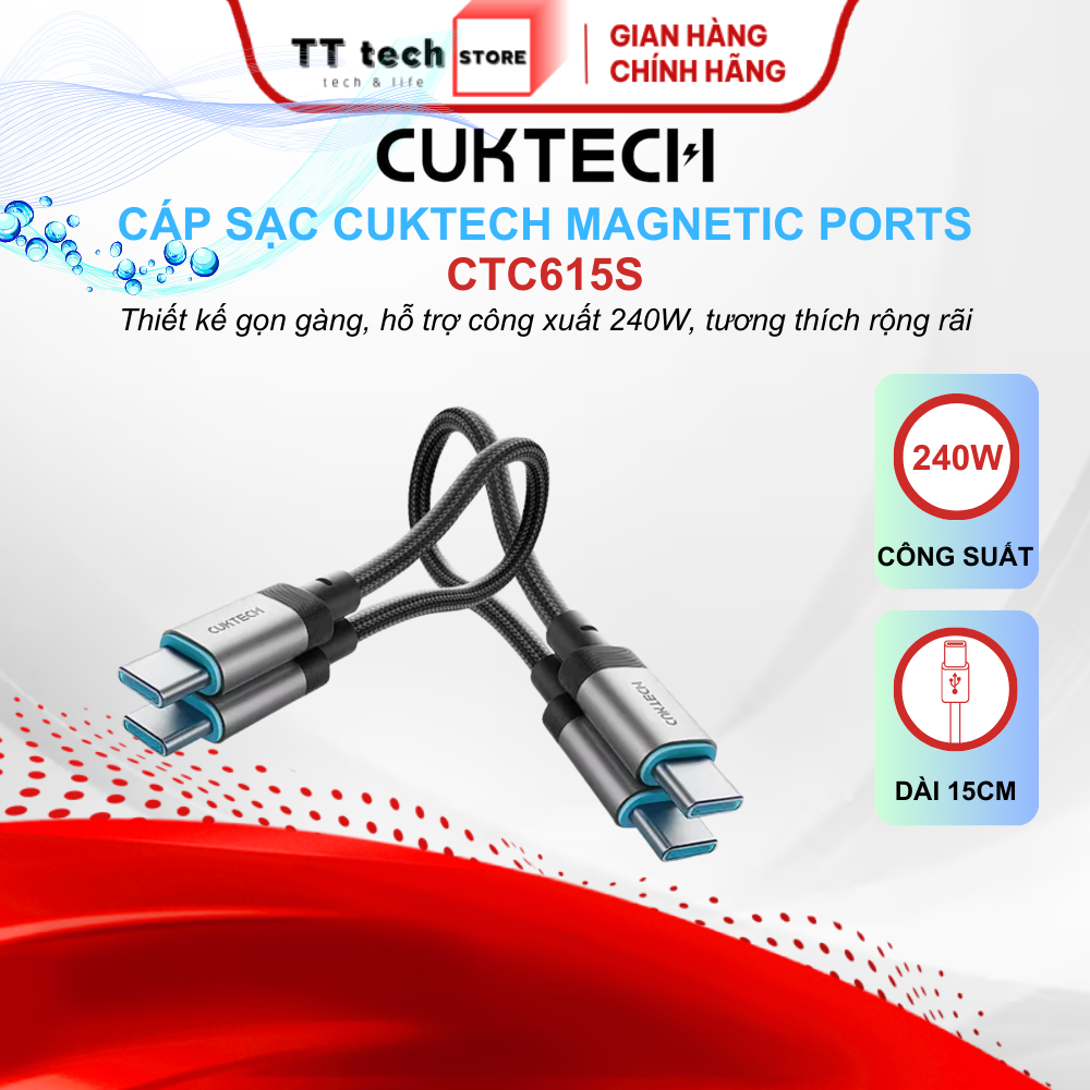 Cáp sạc Cuktech USB-C 6A- CTC615S 15Cm, Hỗ trợ sạc nhanh 240W, tương thích rộng rãi, ngắn gọn, tiện 
