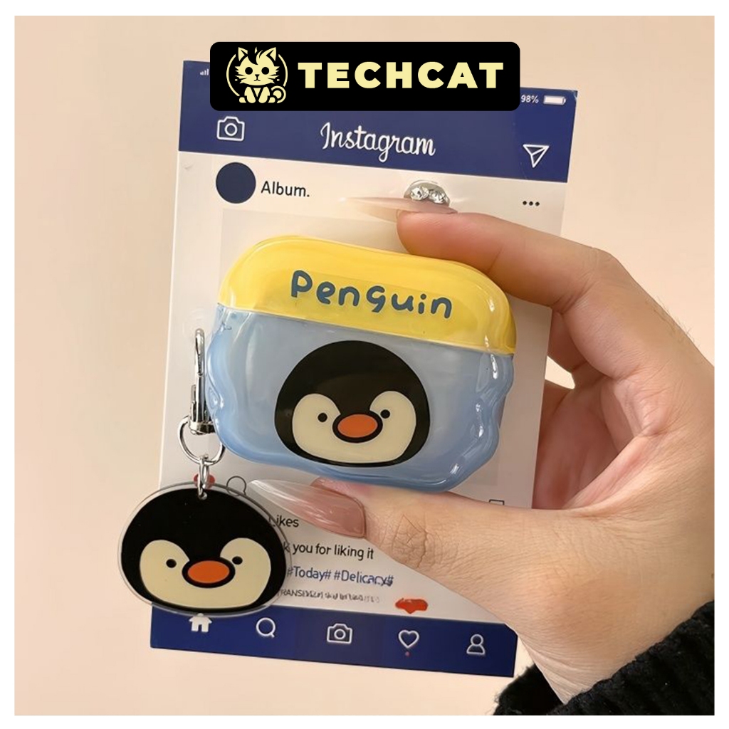 Vỏ ốp Airpods 2 3 4 Pro Pro 2 Chim cánh cụt Penguin kèm móc khóa cao cấp - TechCat Store