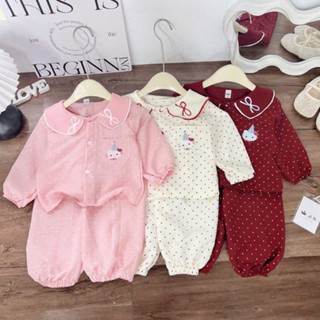  Bộ quần áo bé gái - sét bộ dài tay cổ bèo đính nơ phối túi ngực cute cho bé gái 