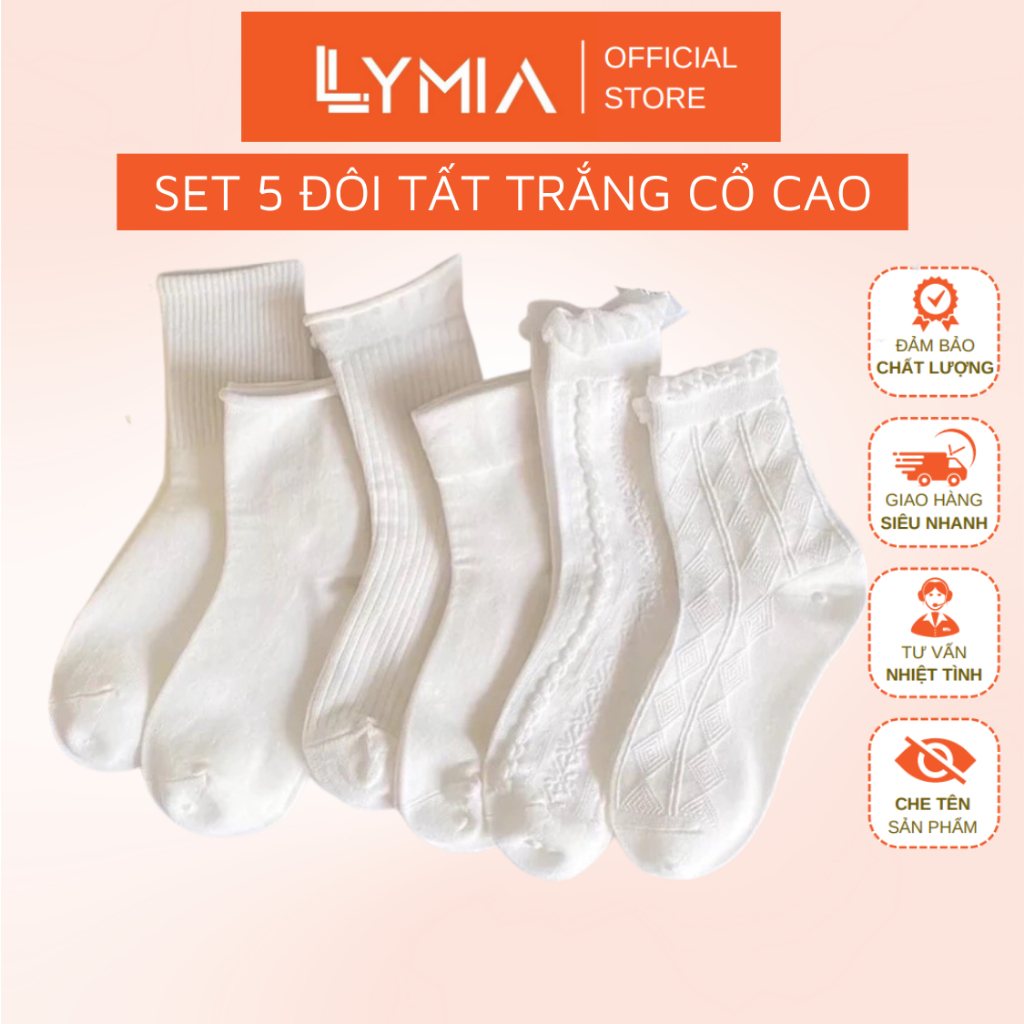 Set 5 đôi tất nữ vớ nữ cổ cao LYMIA nhiều mẫu màu trắng phong cách Hàn Quốc BT50