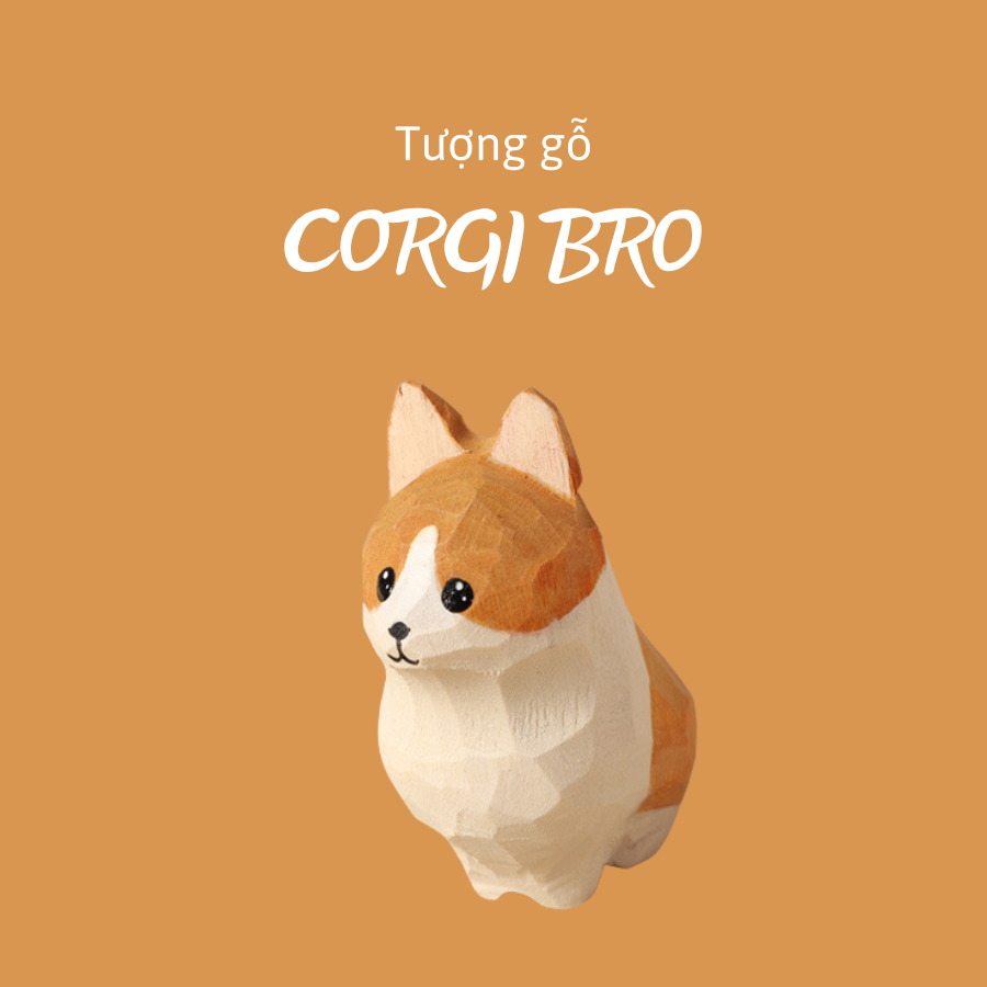 Tượng thú gỗ Corgi Bro | Decor bàn làm việc, phòng khách