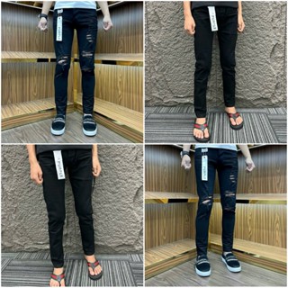  quần Jeans nam đen pơ pồ đen trơn + rách bốn cúc tang lụa 