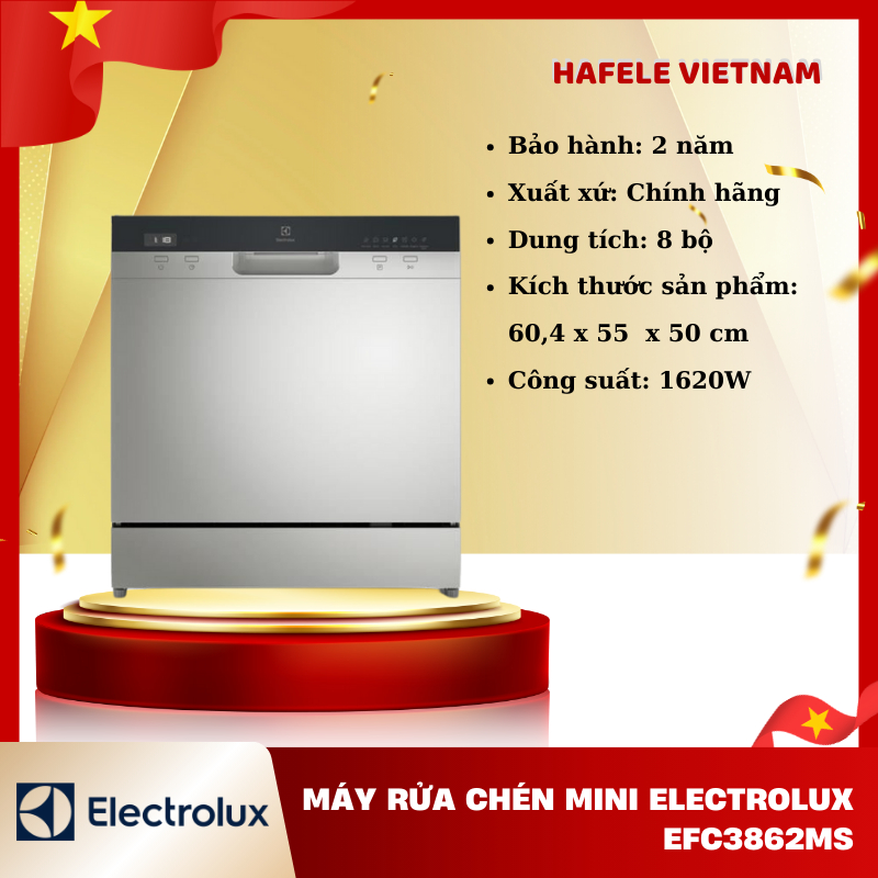 Máy rửa chén mini Electrolux EFC3862MS, Dung tích 8 bộ, Công suất 1620W, 7 chương trình rửa - FEM