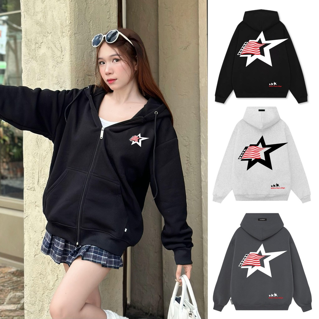 Áo Khoác Hoodiezip Ngôi Sao In Hình Sao Form Rộng Thecinddy Chất Nỉ Cao Cấp Nam Nữ