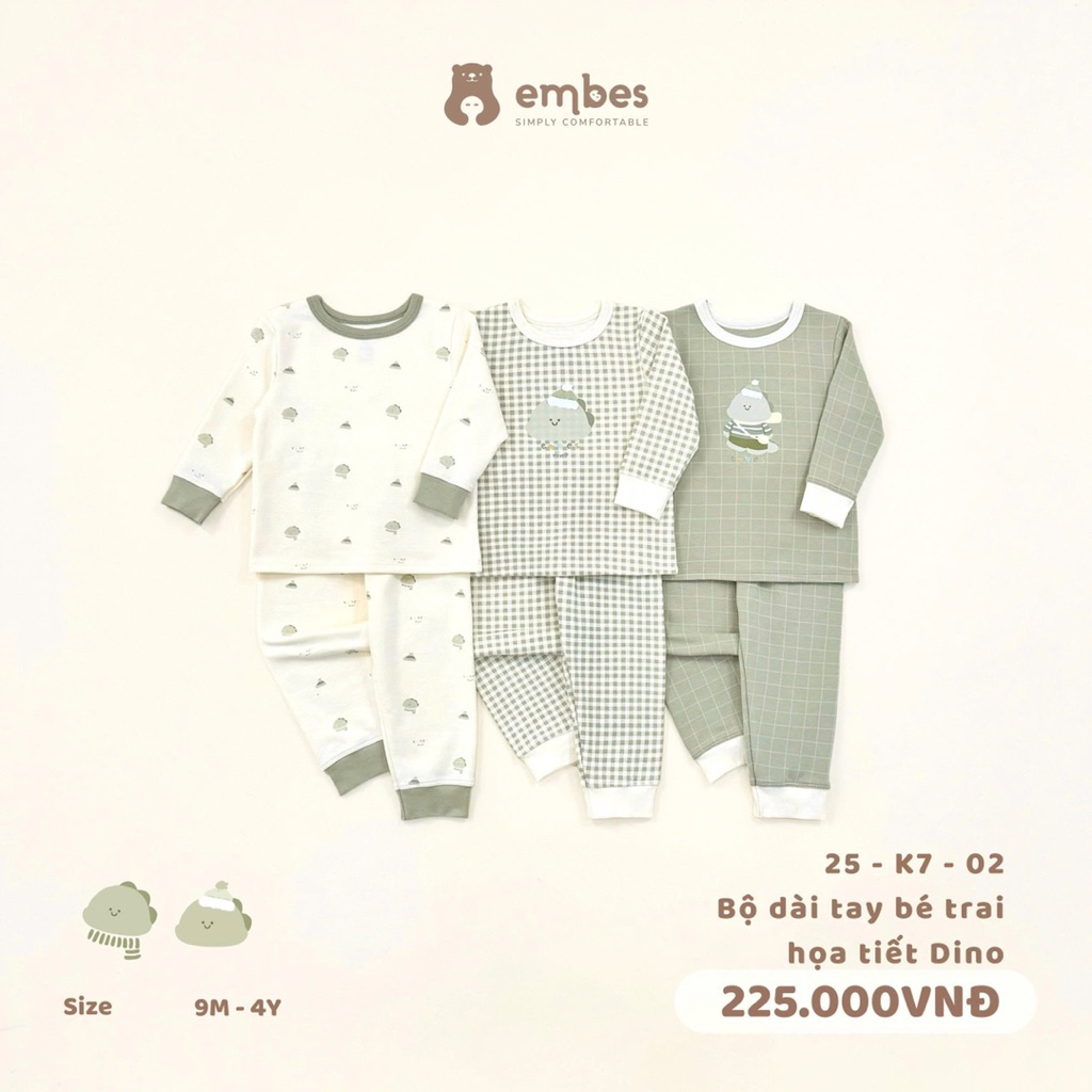 Bộ dài tay bé trai hoạ tiết Dino Embes 25-K7-02. Bộ dài tay thu đông cho bé trai BEO.Kids
