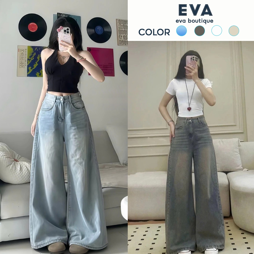 Quần Jeans Bò Nữ Ống Suông Siêu Rộng Cạp Thấp Trơn Màu Chất Vải Mềm Ống Rộng 35-37cm Phong Cách Hàn Quốc