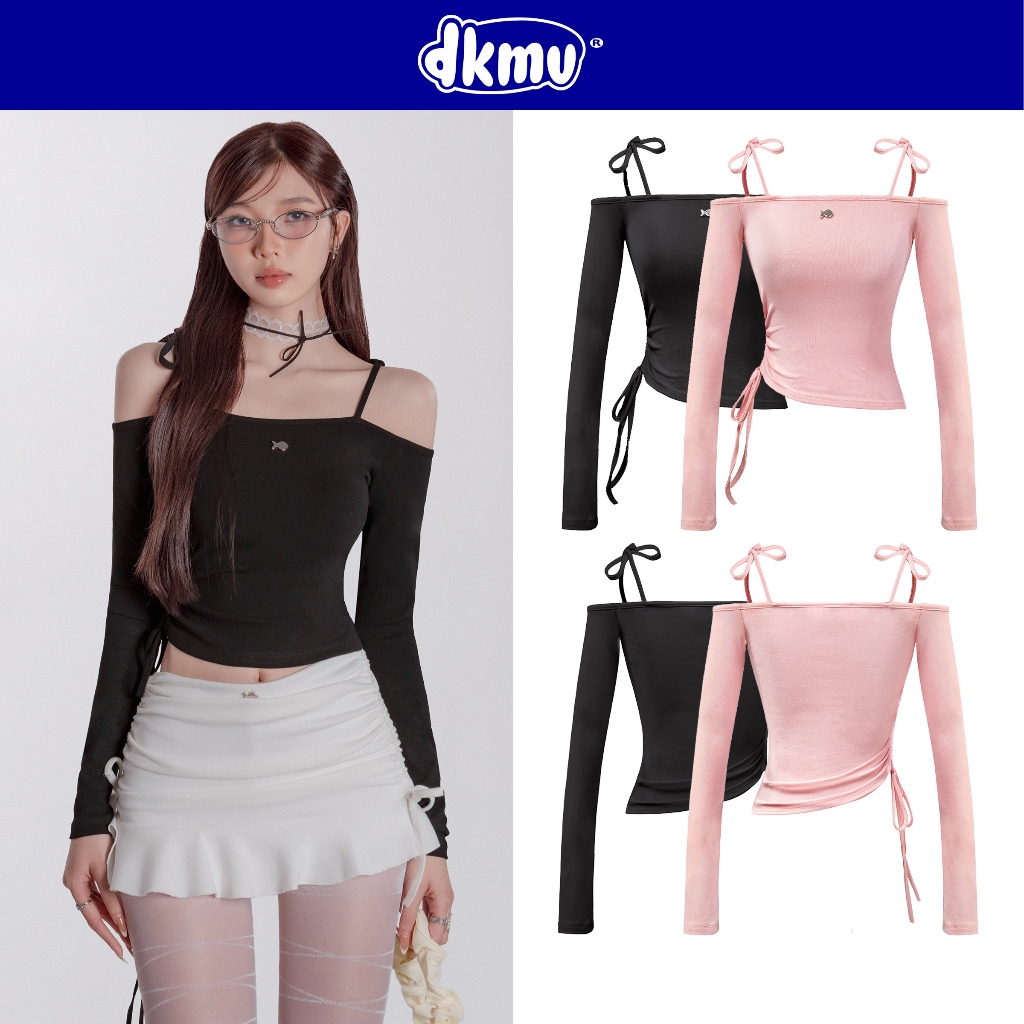 Áo trễ vai có dây thắt nơ tay dài DKMV màu đen, hồng thiết kế dây rút eo đáng yêu Sandrow Top | K-T23