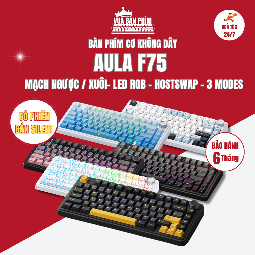 [HÀNG SẴN] Bàn phím cơ aula f75 3 mode, led rgb, gasket mount, hotswap, key cap pbt double shot, ful