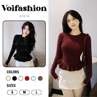   MUA 2 GIẢM 15K  Áo Thun Dài Tay Nữ Ôm Body Phối Viền Bèo Xinh cotton lông mịn Voifashion 