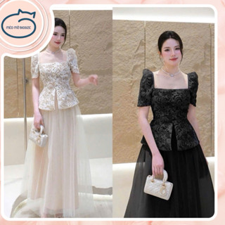 Set thiết kế tiểu thư áo ren cổ vuông xẻ tà phối chân váy ren lưới dáng dài bigsize 60-90kg