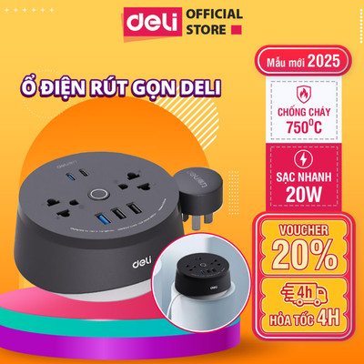Ổ Cắm Điện Deli Rút Gọn Mẫu Mới 2026, Ổ Cắm Điện Để Bàn 2 Màu Sắc Thiết Kế Độc Đáo