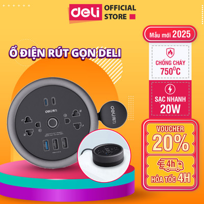 Ổ Cắm Điện Deli Mẫu Mới 2026, Ổ Điện Rút Gọn Dây 3M Chống Cháy 750 Độ An Toàn Khi Sử Dụng