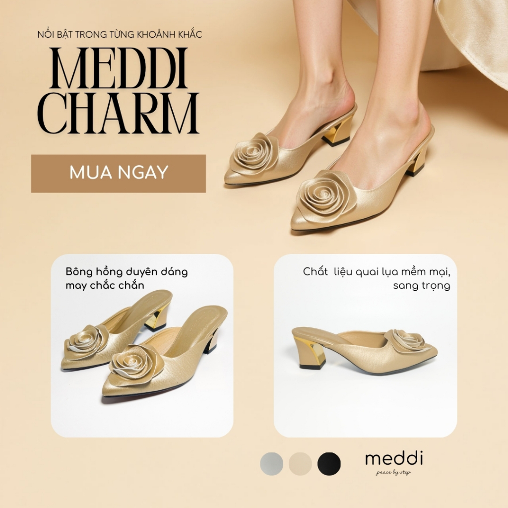 Giày sục cao gót nữ 5 phân, guốc nữ, guốc hoa hồng quai lụa cao cấp êm bên chuẩn MeddiCharm