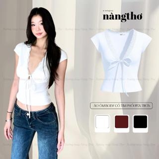 377 Áo Kiểu Nữ Ôm Body Y2K Cổ Tim Phối Ren Cột Dây Chất Thun Cotton Mịn