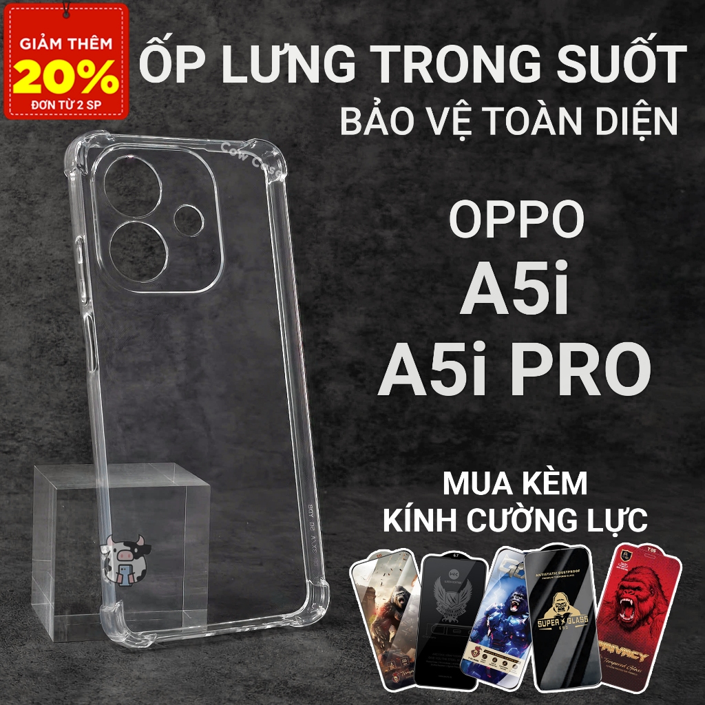 Ốp lưng Oppo A5i, A5i Pro Cowcase trơn trong suốt | Ốp điện thoại Oppo dẻo bảo vệ camera đt toàn diệ