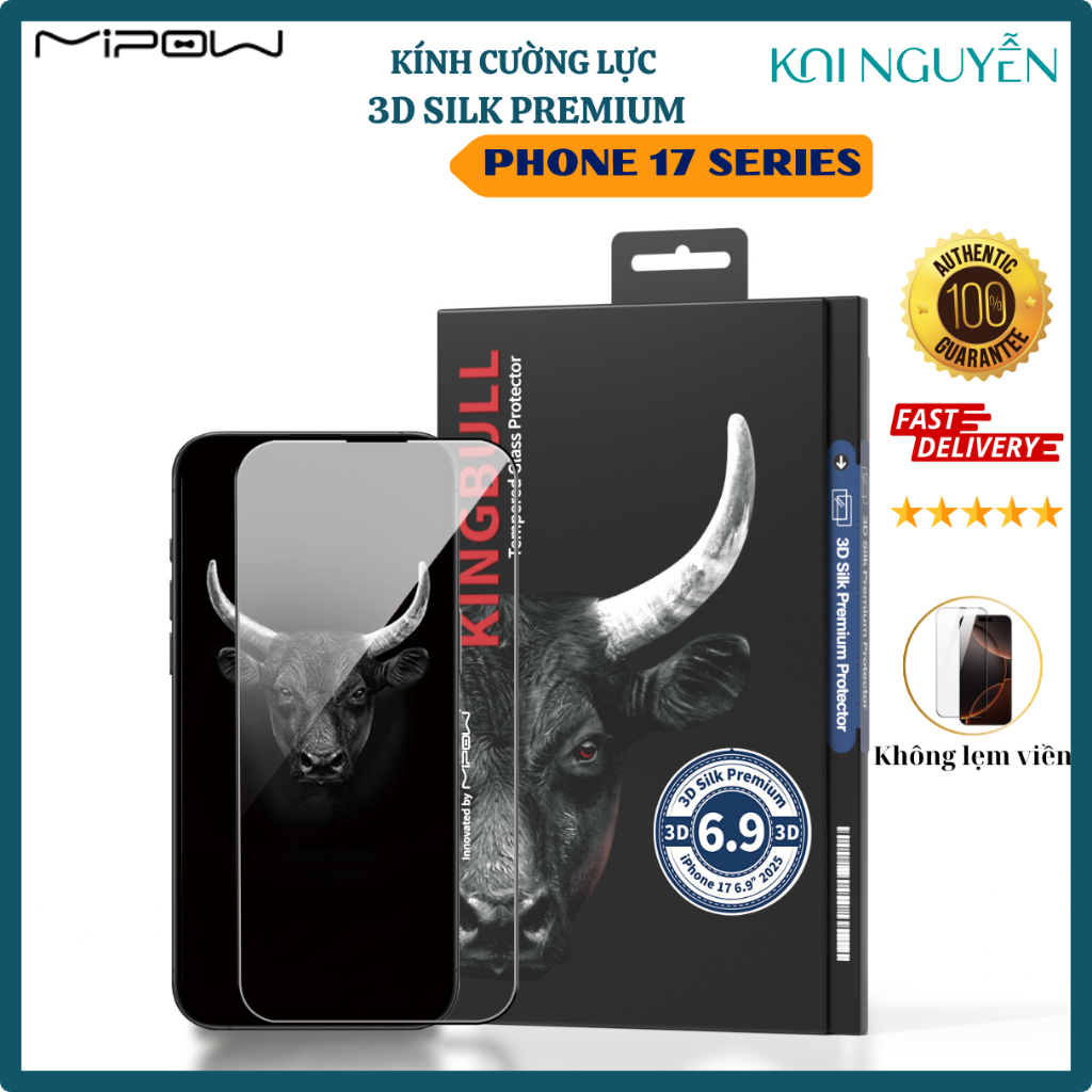 Miếng dán cường lực vát cạnh 3D Cho iPhone 16 pro max/ 16 Pro/ iphone 17 Pro max/ 17 pro Mipow Kingb