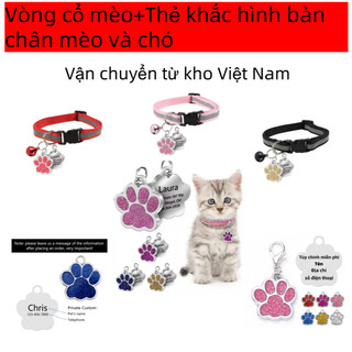Mặt dây chuyền khắc hình bàn chân chó và mèo cưng + Vòng cổ phản quang bằng nylon cho mèo và chó kèm chuông