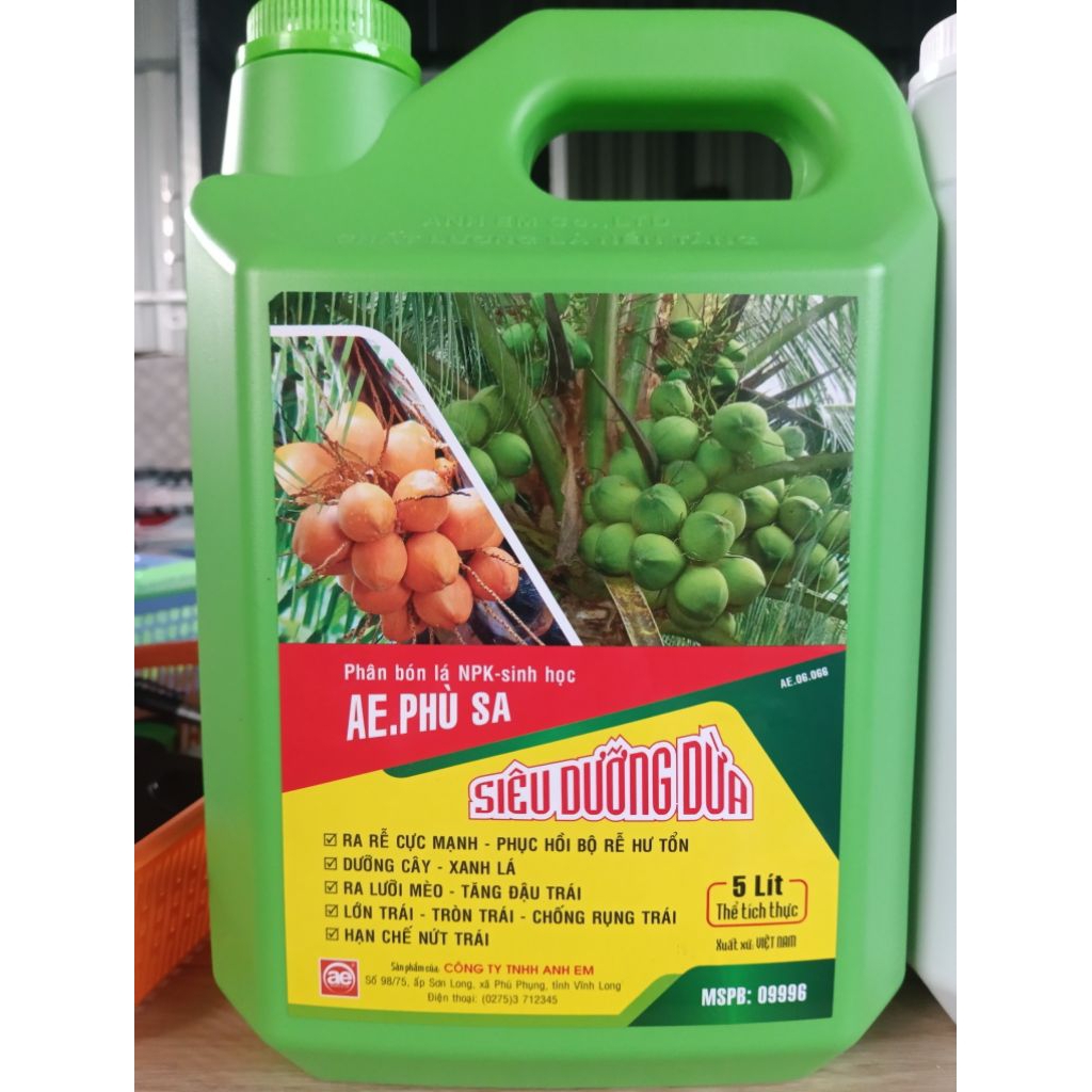 Can tưới 5 lít dưỡng dừa AE Phù Sa kích rễ, ra lưỡi mèo, tăng ₫ậu trái, chống rụng trải dừa