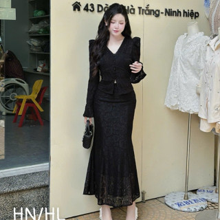 set đồ nữ sang chảnh,set áo chân váy dài,bộ ren áo dài tay loe cổ V chân váy đuôi cá xịn sò UD199