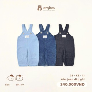 Yếm Jean Cho Bé Trai Bé Gái Embes, Yếm Jean Dài Phối Đáp Gối Chất Jean Mềm Mại Cho Bé Size Từ 8-18Kg