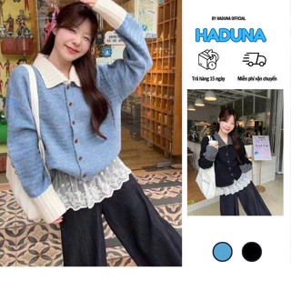  Áo Len Cardigan Nữ Dáng Rộng Cổ Bẻ Phối Tay Trắng Trẻ Trung Phong Cách Hàn Quốc Haduna 