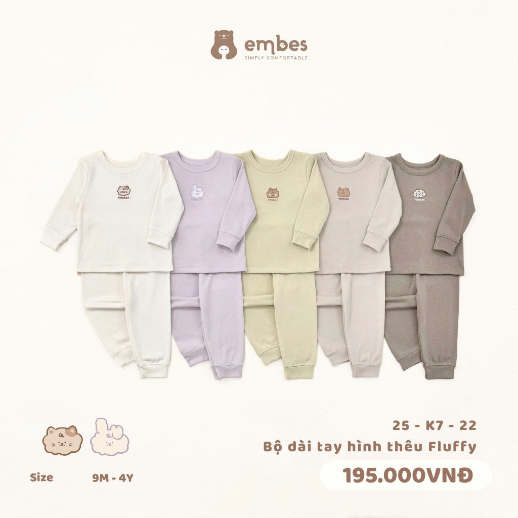  Bộ Quần Áo Dài Tay Embes Đồ Bộ Dài Tay Thêu Hình Chất Cotton Mềm Ấm Cho Bé Trai Bé Gái Từ 8-18Kg 