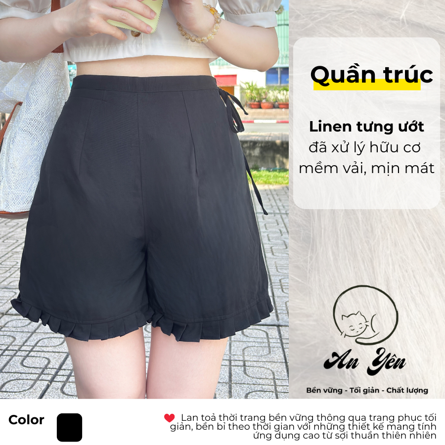 Quần Trúc - Quần đùi nữ Linen tưng ướt lưng chun có dây rút, quần short nữ lưng cao linen tưng - Thi