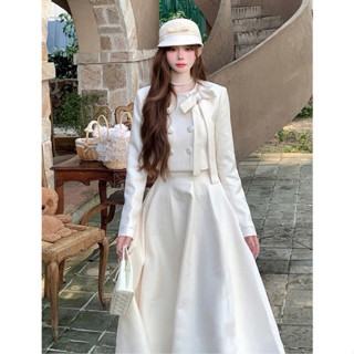 Set Dạ Tweed Áo Khoác Dáng Lửng Chân Váy Xoè Dài Màu Trắng Tiểu Thư Sang Chảnh Kèm Ảnh Thật_Hàng Order QCCC