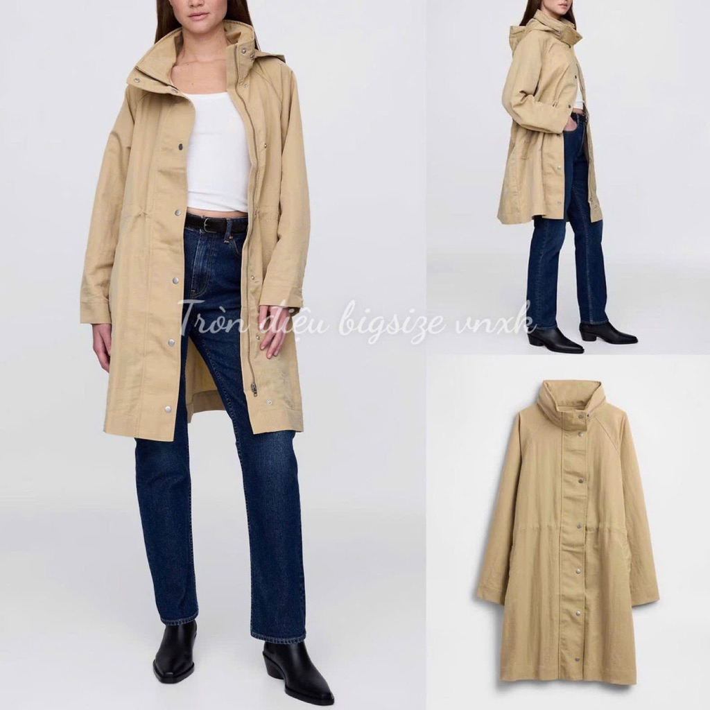 Áo khoác parka nylon dáng dài rộng mũ chùm đầu vnxk xuất dư xịn G.4.p nữ Bigisze (Từ 70kg-100kg)