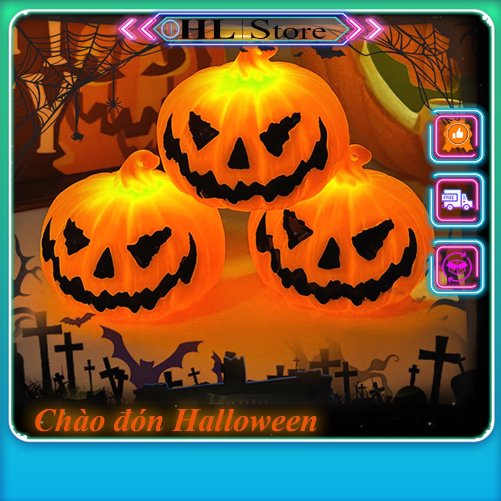 Bí ngô Halloween có đèn LED - Hình dáng dễ thương - Trang trí lễ hội Halloween - Tặng kèm 3 pin