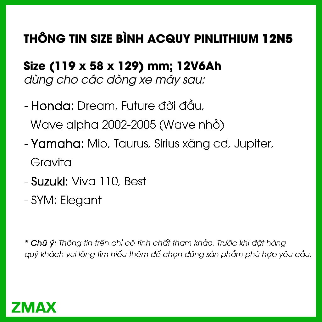 Pin lithium LiFePO4 dùng cho xe máy 12V 6Ah, Size 12N5