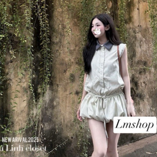 Váy kẻ cộc tay phối cổ rút dây sẵn quần bảo hộ