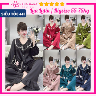 Đồ ngủ nữ bigsize 55-75kg, pijama dài tay viền ren túi thỏ lụa latin mịn mát 75DD13, đồ bộ nữ đồ mặc nhà tiểu thư trơn