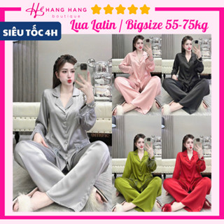 Đồ ngủ nữ bigsize 55-75kg, pijama dài tay phối lông tua rua lụa latin mịn mát 75DD19, đồ bộ nữ đồ mặc nhà tiểu thư trơn