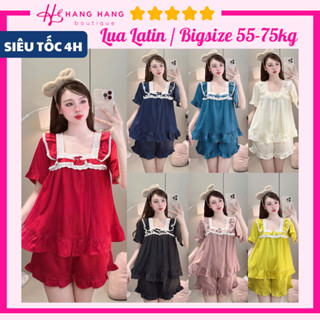  Đồ ngủ nữ bigsize 55-75kg pijama đùi ngắn tay cộc cổ vuông lụa latin mịn mát 75CC14 đồ bộ nữ đồ mặc nhà tiểu thư trơn 