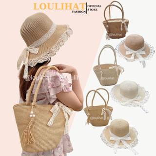  Set cặp 2c túi cói nón cói 7 ly tua rua thắt nơ ren LOULIHAT túi đi biển đeo vai xách tay có khóa kéo nón cói đầu tròn 