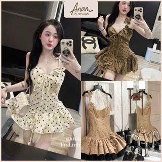  Đầm 2 Dây Chiết Eo Dáng Xòe Phối Dây Hoa Chấm Bi Anan Clothing 