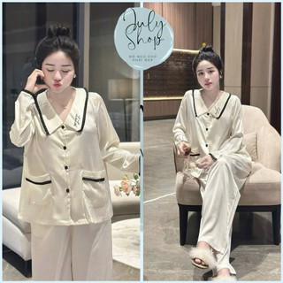   <58kg  Đồ Ngủ Nữ Đồ Bộ Tiểu Thư JULY Áo Cổ Nhọn Thêu Chữ Phối Viền Chất Lụa Latin Mềm Mịn Freesize 