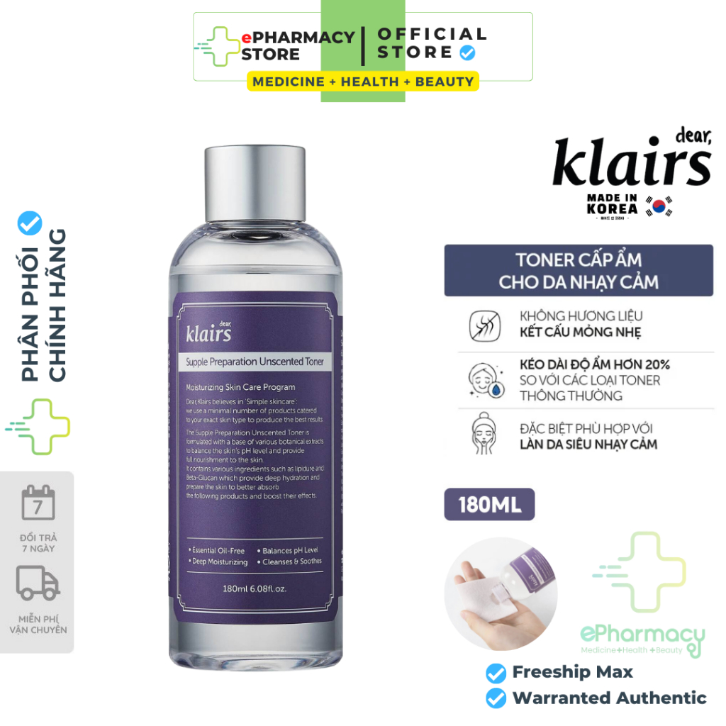 Nước Hoa Hồng Không Mùi Dành Cho Da Nhạy Cảm Dear, Klairs Unscented Toner 180ml - TNN Store
