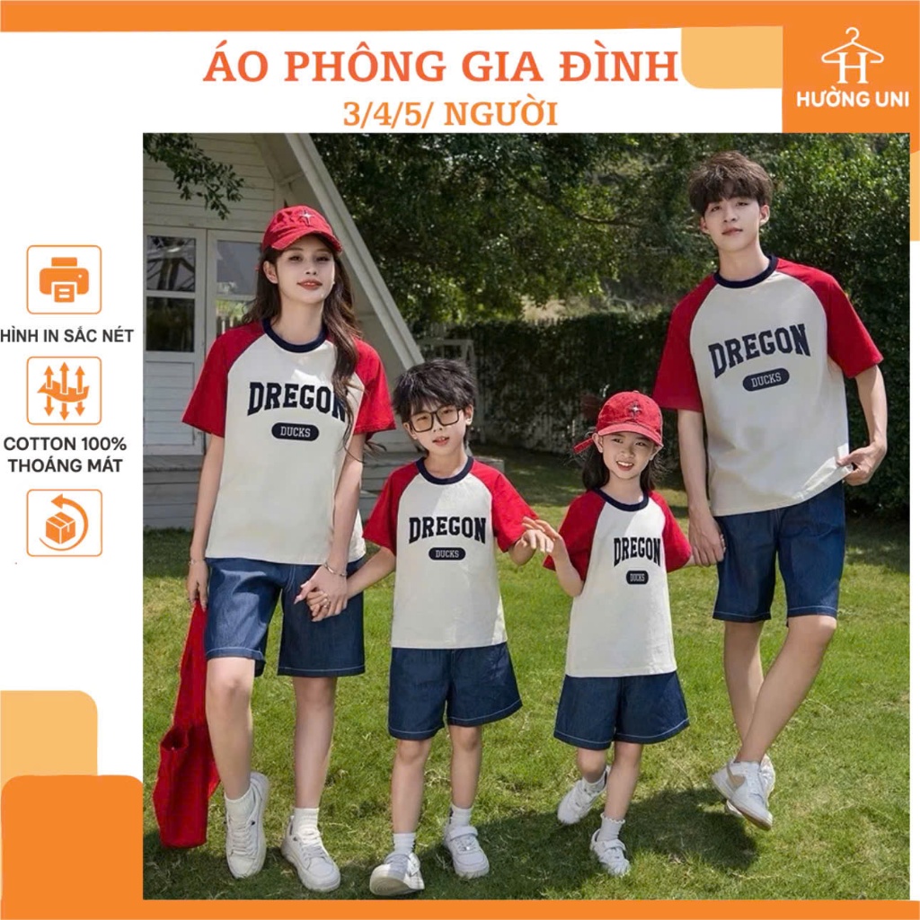 Áo gia đình 3/4/5 người form rộng be phối đỏ viền xanh chữ đơn giản .Family Store