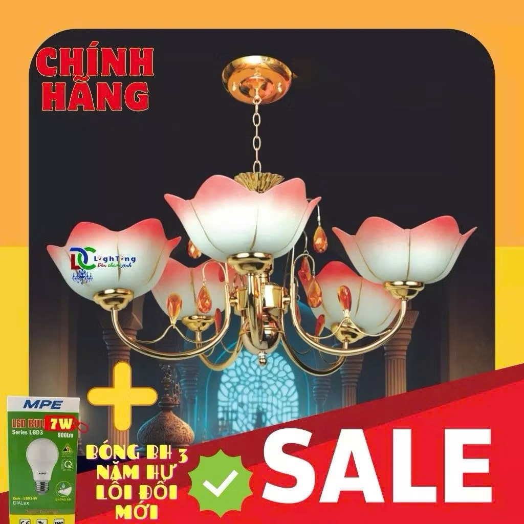 [ Đèn Chùm Xinh ] Đèn chùm cổ điển phòng khách ,phòng thờ hoa sen 6210/5 kèm tặng bóng led xịn 7w BH 3 năm