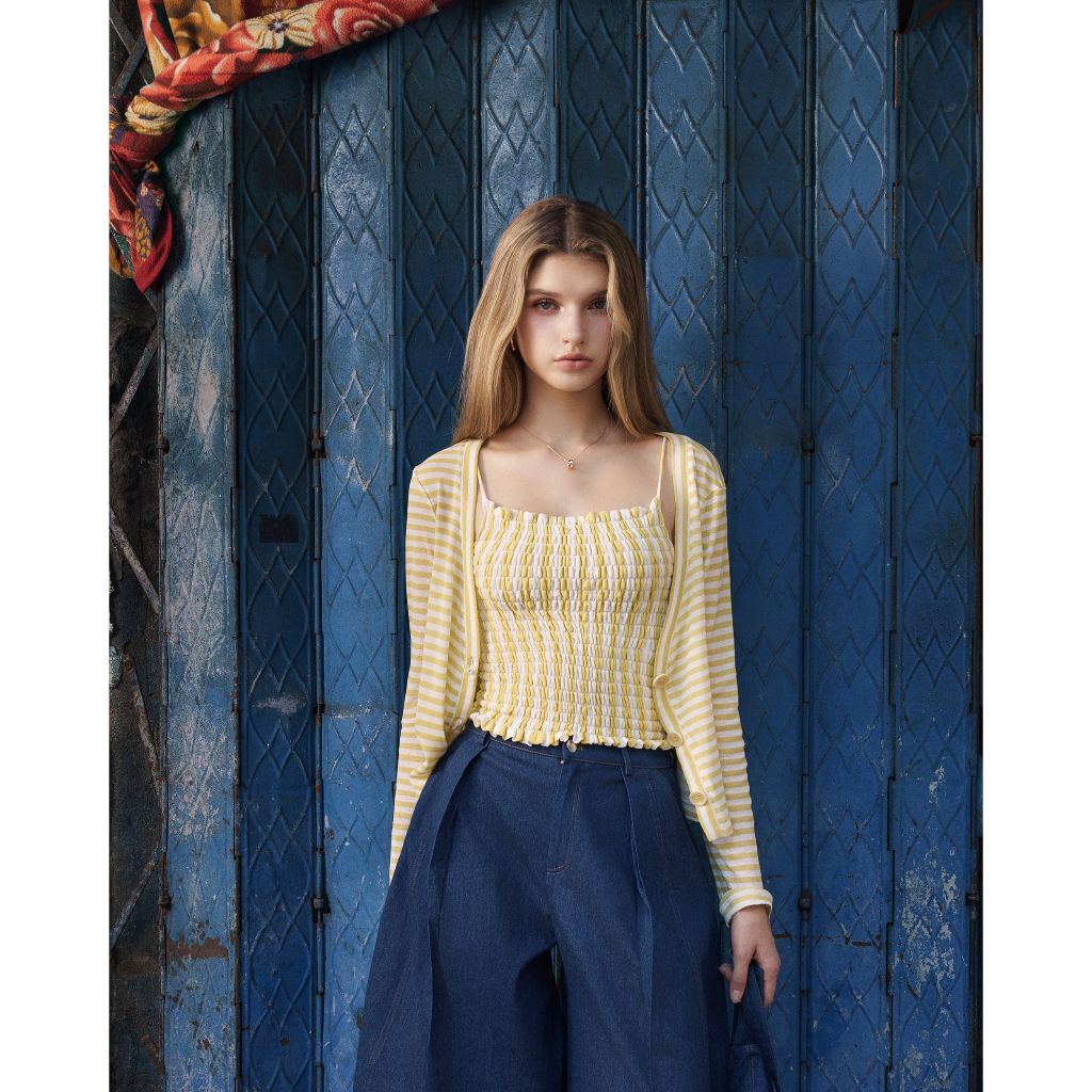 Set áo cardigan kẻ sọc mix áo 2 dây, Striped Smocked Top with Cardigan, thời trang thiết kế K Closet