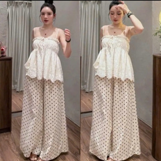 Set áo babydoll hai dây ren kèm quần ống rộng chấm bi cực xinh cho nữ phong cách nhẹ nhàng nữ tính set mùa hè đi biển