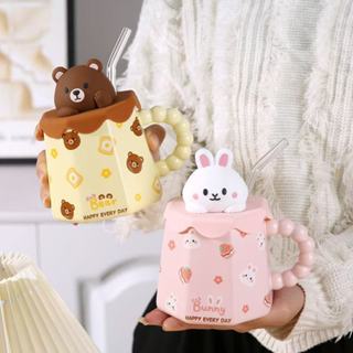  Bộ Ly cốc sứ uống nước Gấu Brown & Thỏ Cony dễ thương - làm quà tặng 400ml có nắp kèm và ống hút 