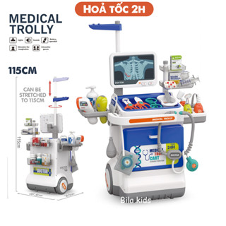 Đồ chơi bác sĩ cho bé khám răng có xe đẩy, kệ khám bệnh di động dạng quầy lớn mô phỏng nha sĩ, có bánh xe đồ chơi trẻ em
