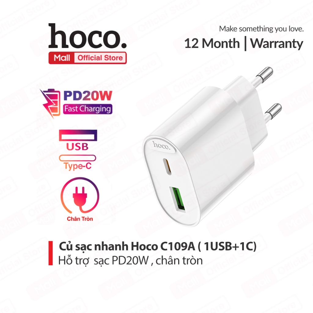 Củ Sạc Nhanh Hoco C109 / C109A PD20W 1 cổng USB và 1 cổng Type-C, chân cắm tiêu chuẩn