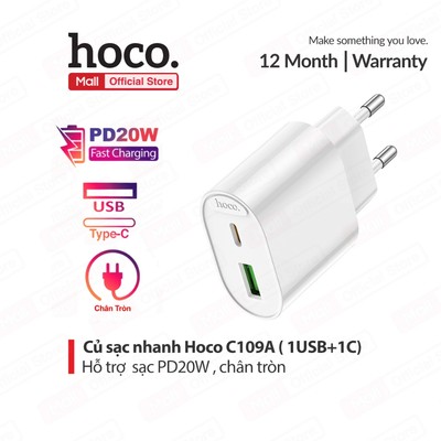 Củ Sạc Nhanh Hoco C109 / C109A PD20W 1 cổng USB và 1 cổng Type-C, chân cắm tiêu chuẩn